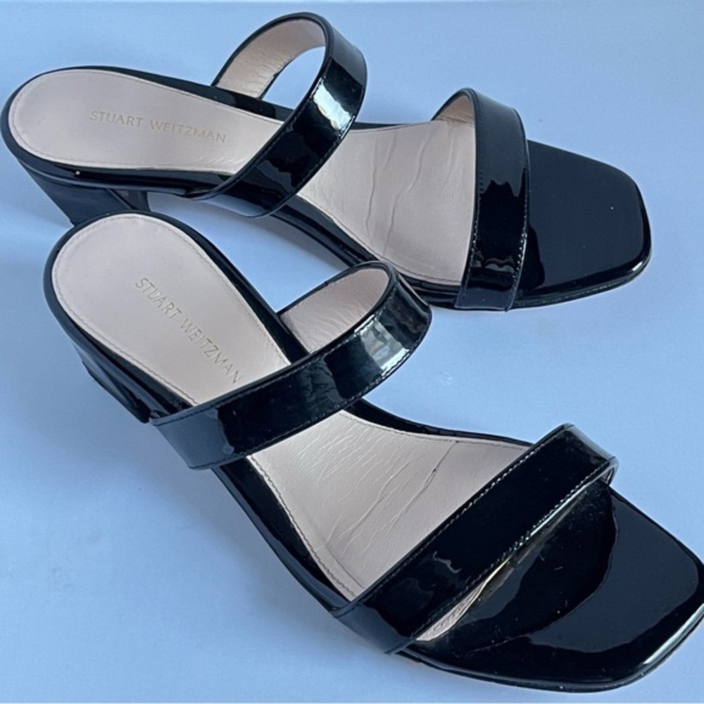 Stuart Weitzman Black Leather Block Heel Sandals